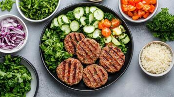 Fresh quinoa patties served with vibrant vegetables and herbs create healthy meal photo