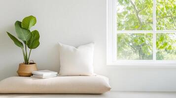 serene reading nook featuring cozy cushion, books, and potted plant by bright window photo