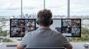 Remote team meeting with multiple participants screens, showcasing collaboration and technology photo