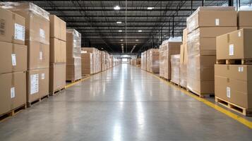 Large warehouse filled with stacked cardboard boxes on pallets, showcasing organized storage photo