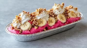 Delicious banana split with whipped cream and nuts, served in silver dish photo