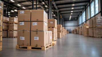 Large cardboard boxes stacked wooden pallets spacious warehouse, showcasing organized storage photo