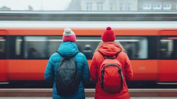 Two individuals wait train station, wearing colorful winter jackets and hats, as train passes by photo
