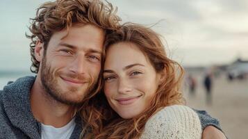 Happy couple enjoying moment together at beach, smiling warmly photo