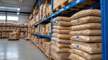 Large storage area filled with stacked bags and boxes shelves, showcasing organized inventory photo