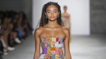 vibrant look showcasing colorful patchwork dress made from various fabrics. model exudes photo