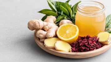 Fresh ginger, lemon, dried hibiscus, and herbal leaves on rustic tray create vibrant display photo