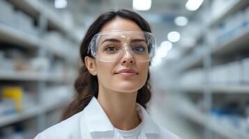 confident scientist wearing safety goggles laboratory setting, showcasing professionalism photo