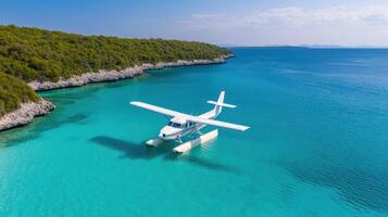 seaplane floating clear turquoise water near lush green coastline, creating serene atmosphere photo