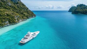 Luxurious yacht anchored in clear turquoise waters surrounded by lush green hills photo