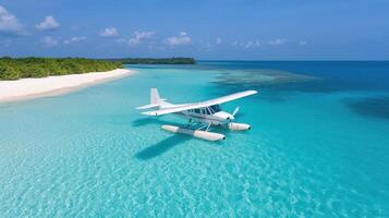 seaplane rests on turquoise waters near remote island, surrounded by white sandy beaches photo