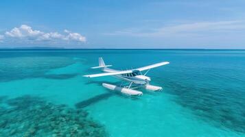 seaplane gliding over turquoise waters near coral reef, showcasing stunning scenery photo
