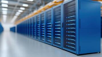 High tech data center with blue server racks and illuminated components photo