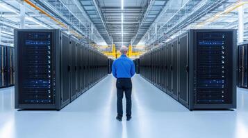 person stands modern data center, surrounded by rows of server racks, showcasing advanced photo