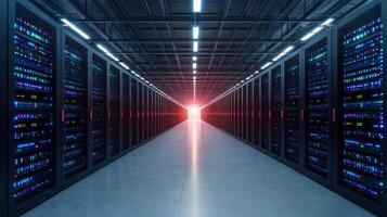 High tech data center with illuminated server racks and glowing lights photo