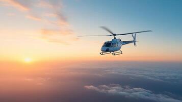 helicopter flying above clouds during beautiful sunrise, showcasing vibrant colors in sky photo