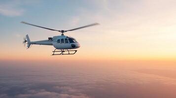 helicopter flying above clouds during beautiful sunset, showcasing vibrant colors in sky photo