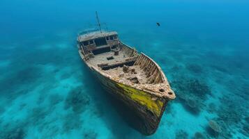 submerged shipwreck rests ocean floor, surrounded by vibrant marine life and coral photo