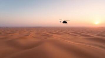 helicopter flying over vast desert dunes at sunset creates breathtaking scene photo