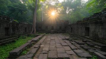 Ancient ruins surrounded by lush greenery, with sunlight breaking through trees, create serene photo