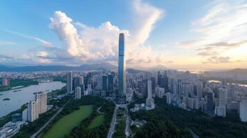 stunning sunset view over city harmonizing nature and technology, showcasing skyscrapers photo