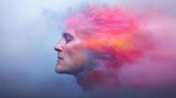 serene profile of person with vibrant, colorful hair blending into misty background photo