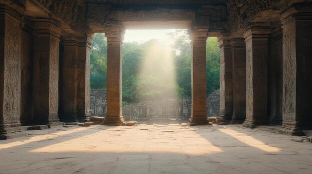 antiguo templo restos con luz de sol vigas esclarecedor Roca pilares crear sereno atmósfera foto