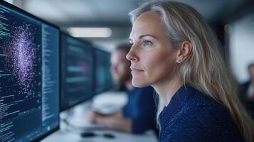 Focused scientist analyzing data on multiple screens in modern workspace photo