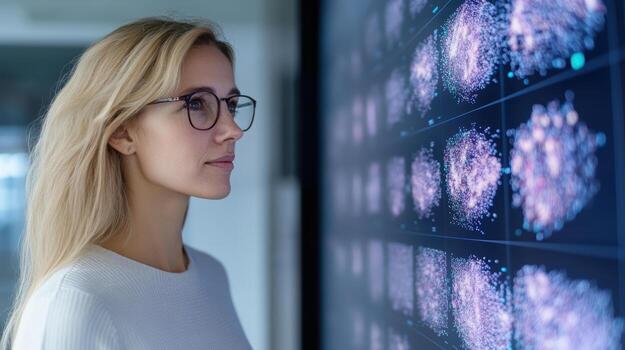 Innovative woman analyzing data on digital screen, showcasing advanced technology and insights photo