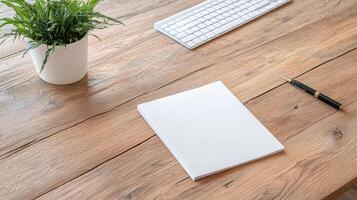clean workspace featuring blank notebook, pen, and keyboard wooden desk, creating calm photo