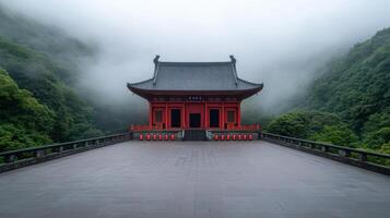 serene temple surrounded by lush greenery and fog, with lanterns lining entrance, creates photo