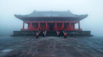 serene temple enveloped in fog, with red lanterns illuminating entrance photo