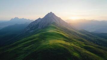 Majestic mountain landscape with lush green hills and stunning sunset view photo