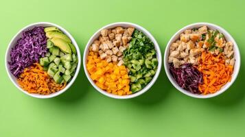 Colorful salad bowls filled with fresh vegetables and toppings create vibrant meal photo
