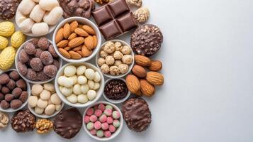 Assorted candies, chocolates, and nuts arranged in bowls create delightful display photo