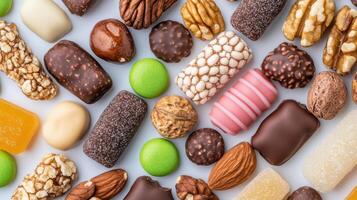 Assorted chewy candies, chocolates, and nuts create colorful and delightful display photo