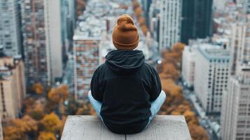 young person sitting on rooftop ledge, looking out over cityscape filled with autumn colors photo