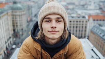 young person wearing beanie and jacket sits on rooftop, gazing thoughtfully at cityscape photo