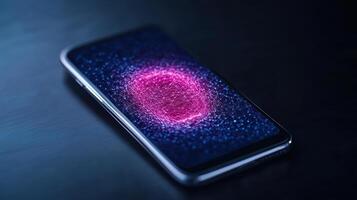 smartphone displaying vibrant, abstract fingerprint design with glowing lines and dots photo