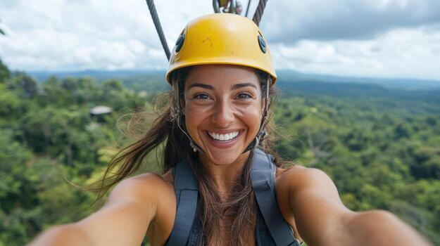 joyful zipliner smiles while soaring through lush rainforest canopy, embracing adventure photo