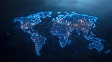 Digital world map with glowing connections and data points, representing global networks photo