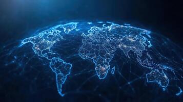 Digital world map with glowing connections and data flow, representing global networks photo