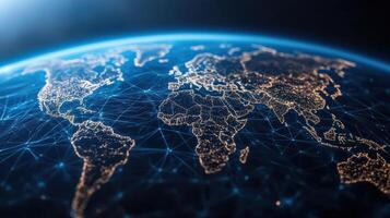Illuminated world map showcasing global connections and networks, symbolizing technology photo