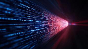 Digital data stream with binary code flowing rapidly, creating sense of motion and energy photo