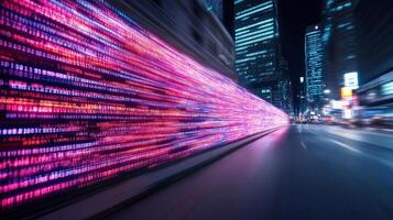 Dynamic data streams flow through cityscape at night, showcasing vibrant colors and technology photo