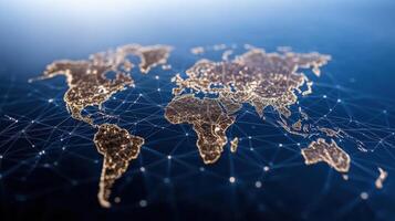 digital world map with glowing connections represents global networks and technology photo