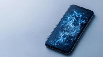 smartphone displaying digital network visualization with blue lines and nodes, symbolizing photo