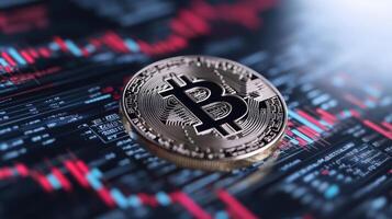 Bitcoin coin on trading platform with graphs and data visualizations, showcasing market trends photo