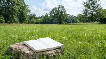 open notebook rests stone lush green field, surrounded by trees and bright sky. serene photo