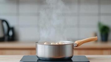 Boiling water in saucepan creates steam, showcasing kitchen scene with modern touch photo